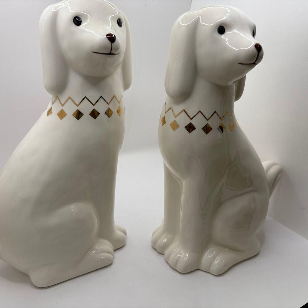 Set of 2 White & Gold Ceramic Dachshund Figurines Grandmillennial Staffordshire